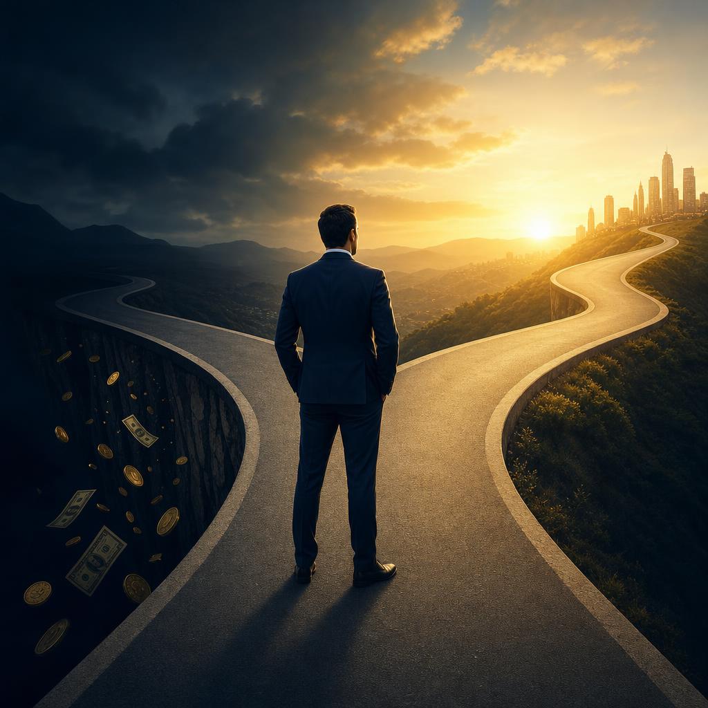 Business owner choosing between a risky broker path and the right broker path